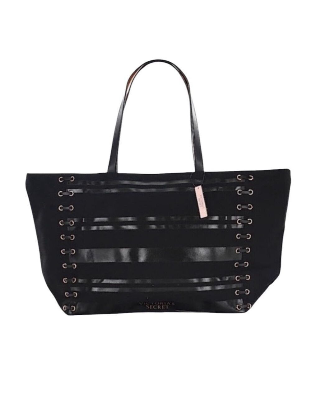 Victoria’s Secret Black Canvas Weekender Rose Gold Lace Up Tote Bag